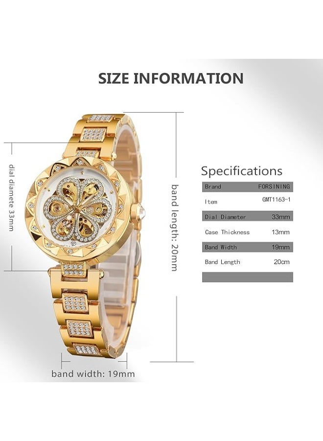 FORSINING Women Automatic Mechanical Watches Skeleton Steampunk Watch with Diamond and Carving Flower Craft Cold Watch for Women Minimalist Retro Design Mechanical Skeleton Wrist Watch - Image 4